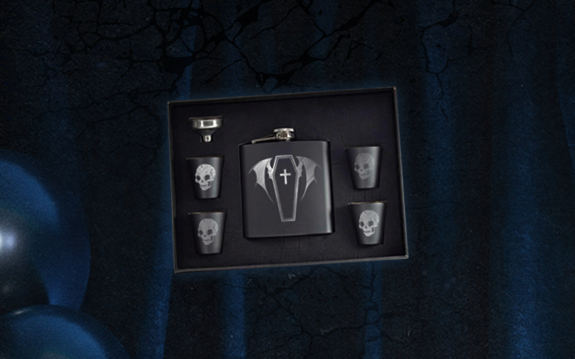 South Of Salem Bat Coffin Hip Flask and Shot Glass Gift Set